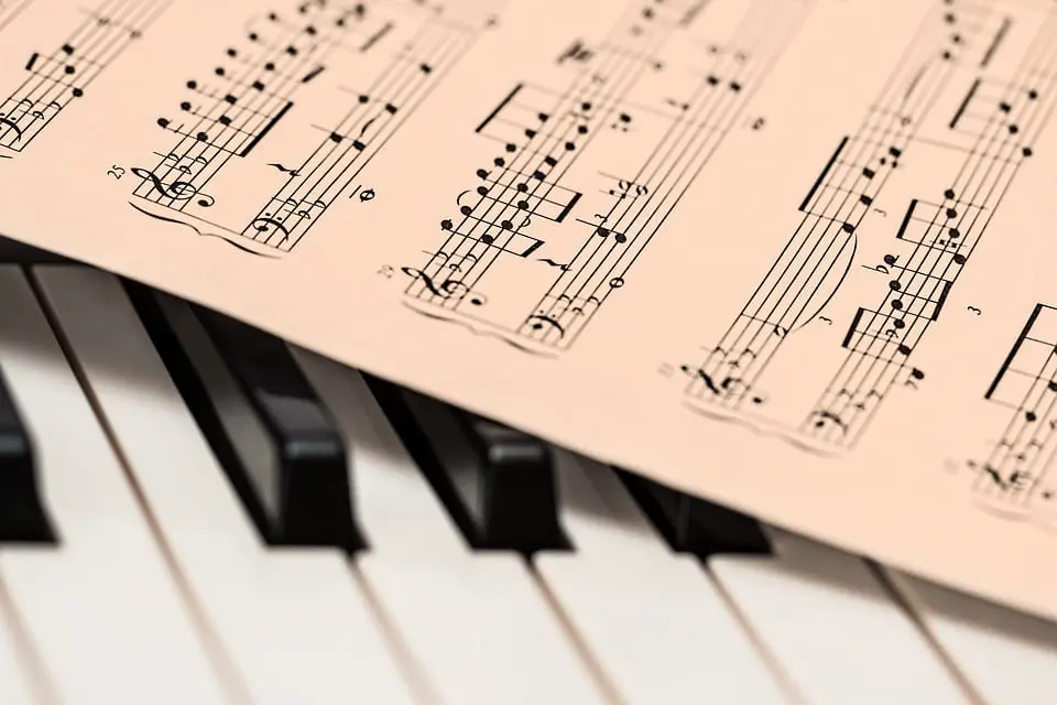 Sheet music on piano keys