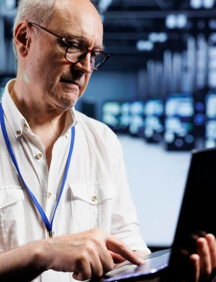 a man checking data on his laptop