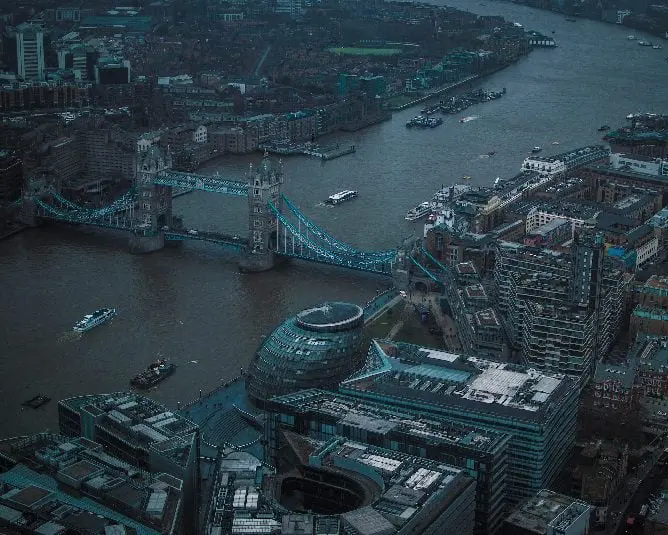 Aerial view of Tower Bridge in London