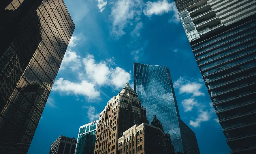 Skyward view of corporate buildings