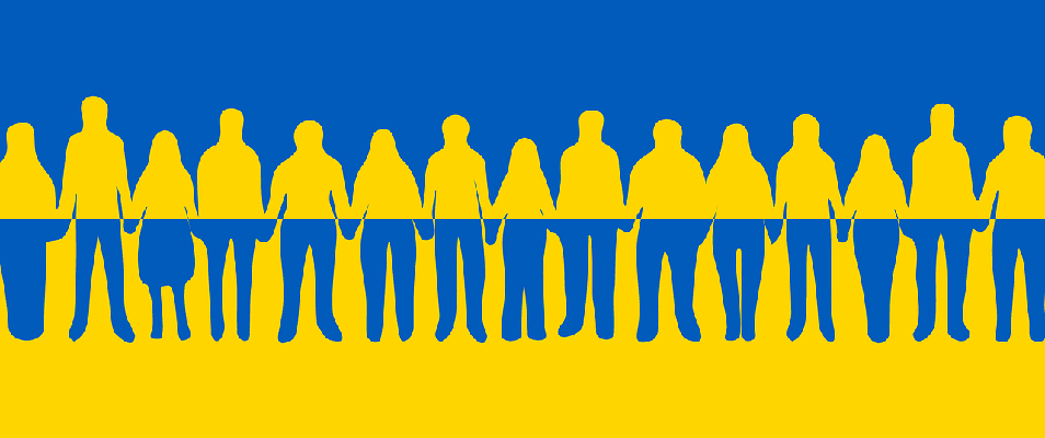 Ukraine flag with collage of people holding hands