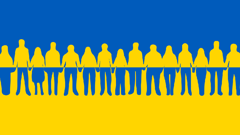 Ukraine flag with collage of people holding hands