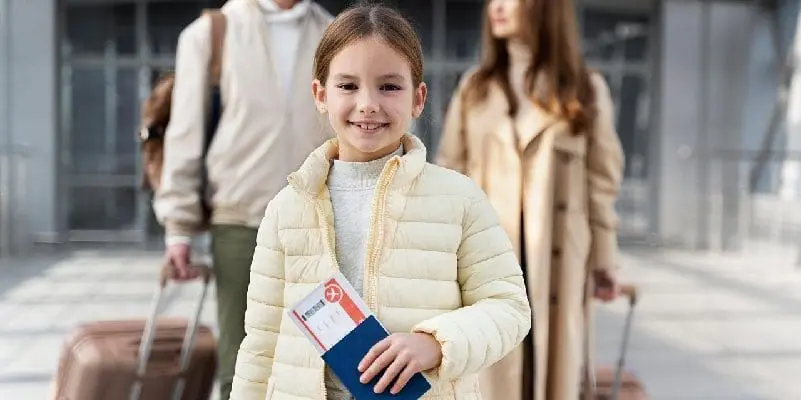 Family of three with luggage and passport