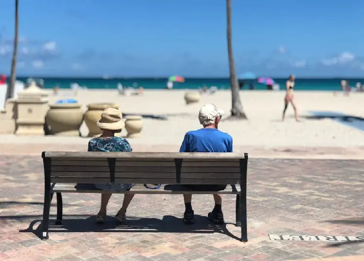 Elderly, retired couple sitting on a bench at the beach