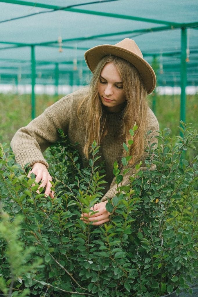 women checking up on the growth of her fresh produce