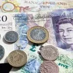 the British pound 10,20, and 5 notes and some coins