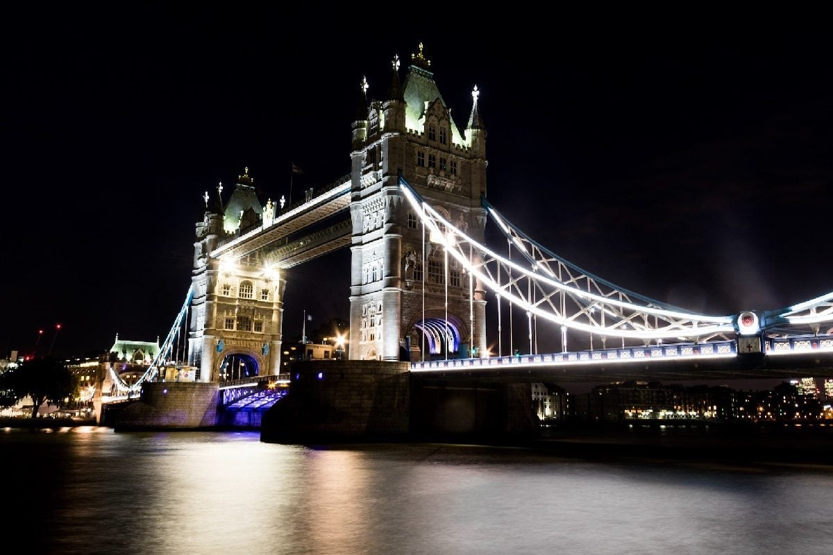 Tower Bridge lit up, at night