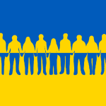Ukraine flag with collage of people holding hands