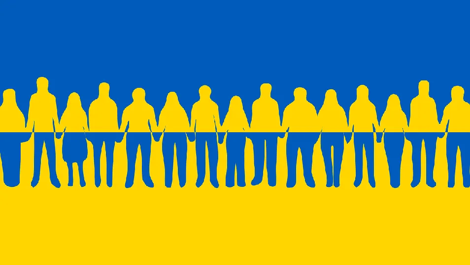 Ukraine flag with collage of people holding hands